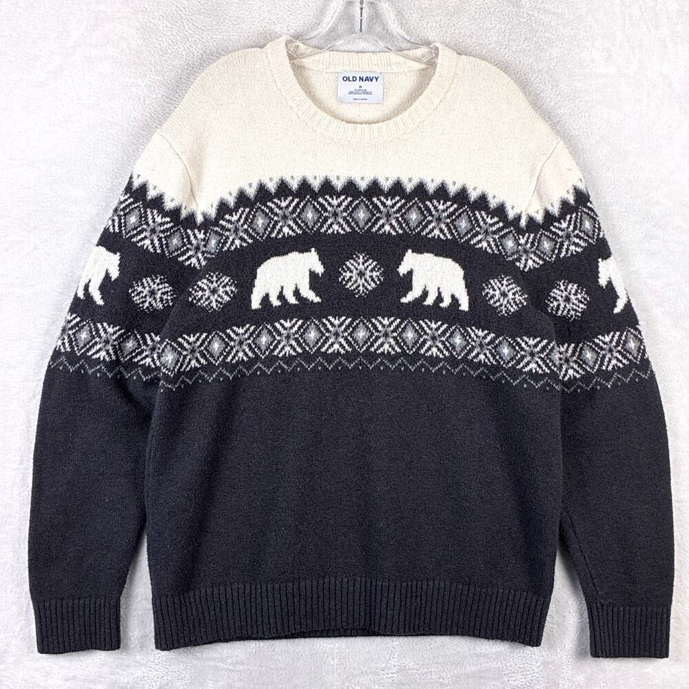 Old Navy Sweater Mens M Ivory Gray Fair Isle Bear Nordic Snow Preppy Outdoors